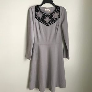 New Iren Klairie Gray Lace Trim Long Sleeve Dress